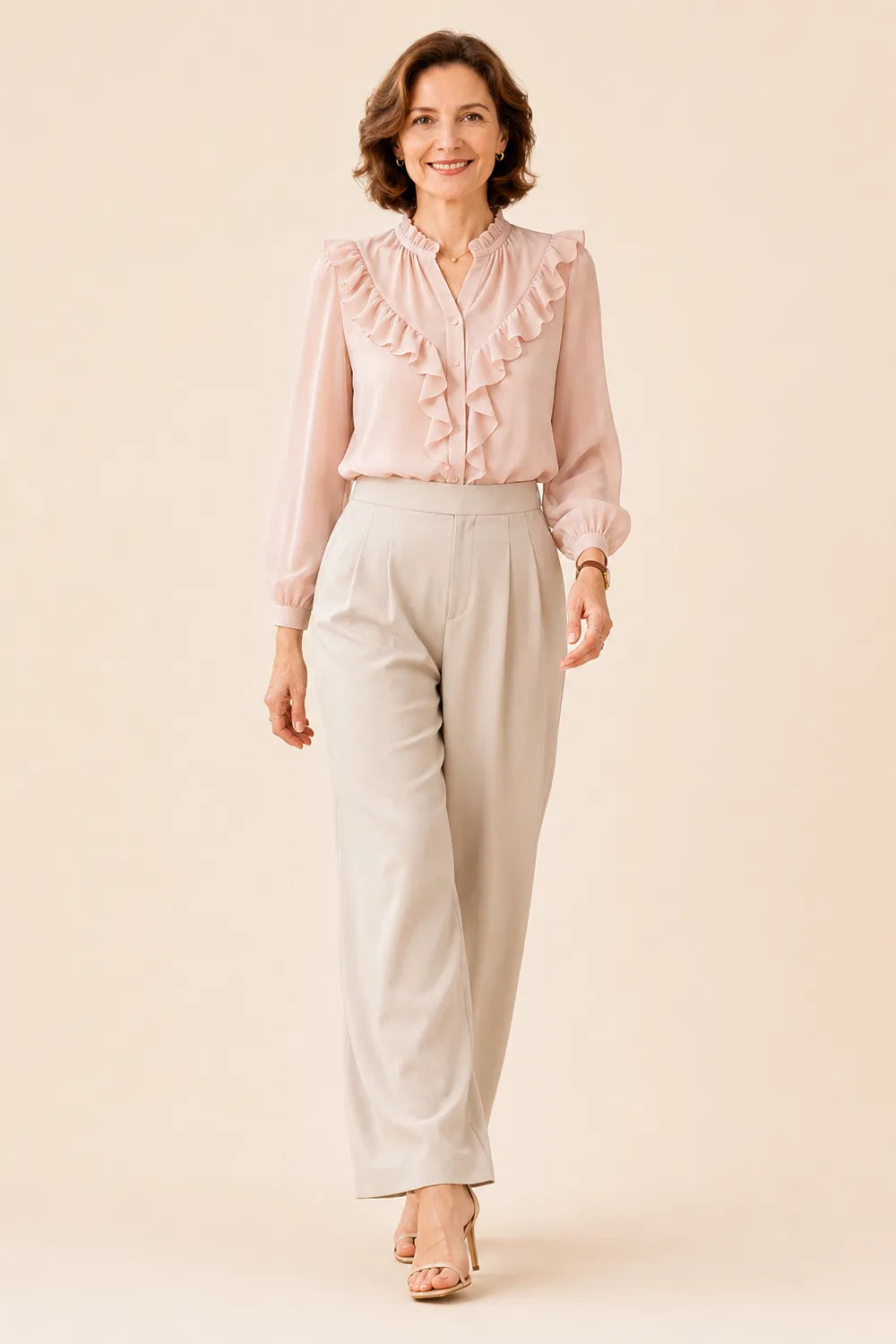 Elegant Ruffle Chiffon Blouse and Wide Leg Pant Set