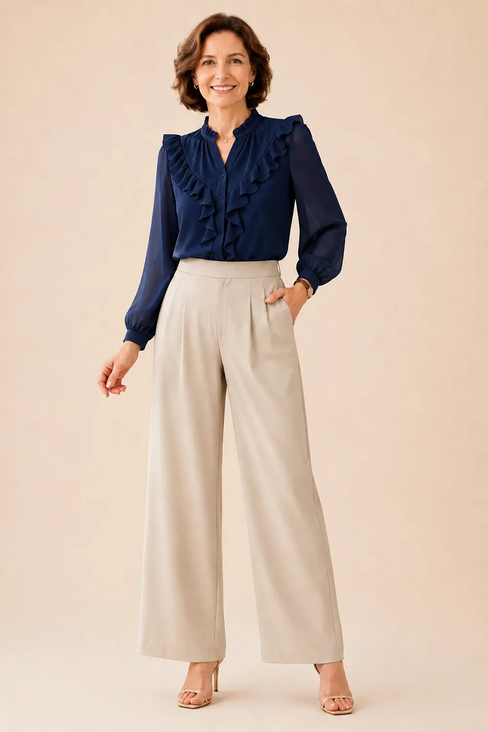 Elegant Ruffle Chiffon Blouse and Wide Leg Pant Set