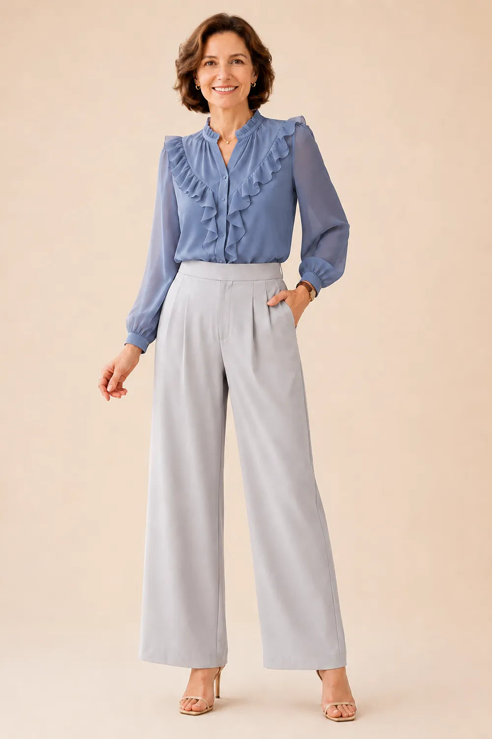 Elegant Ruffle Chiffon Blouse and Wide Leg Pant Set
