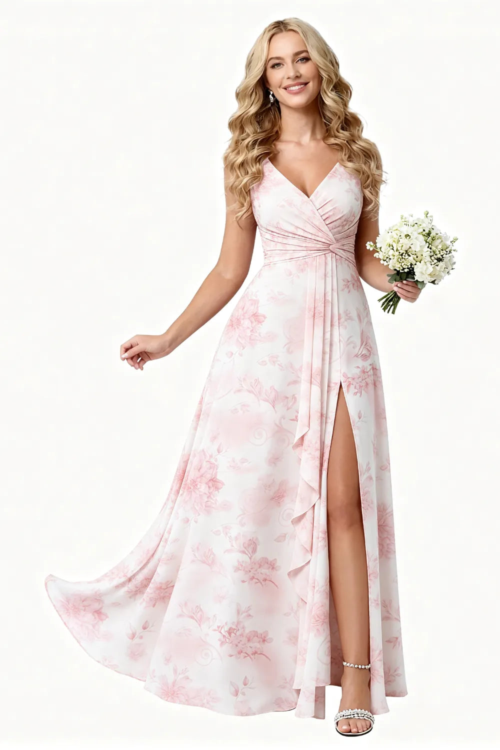 Elegant Floral Ruched Waist Maxi Dress
