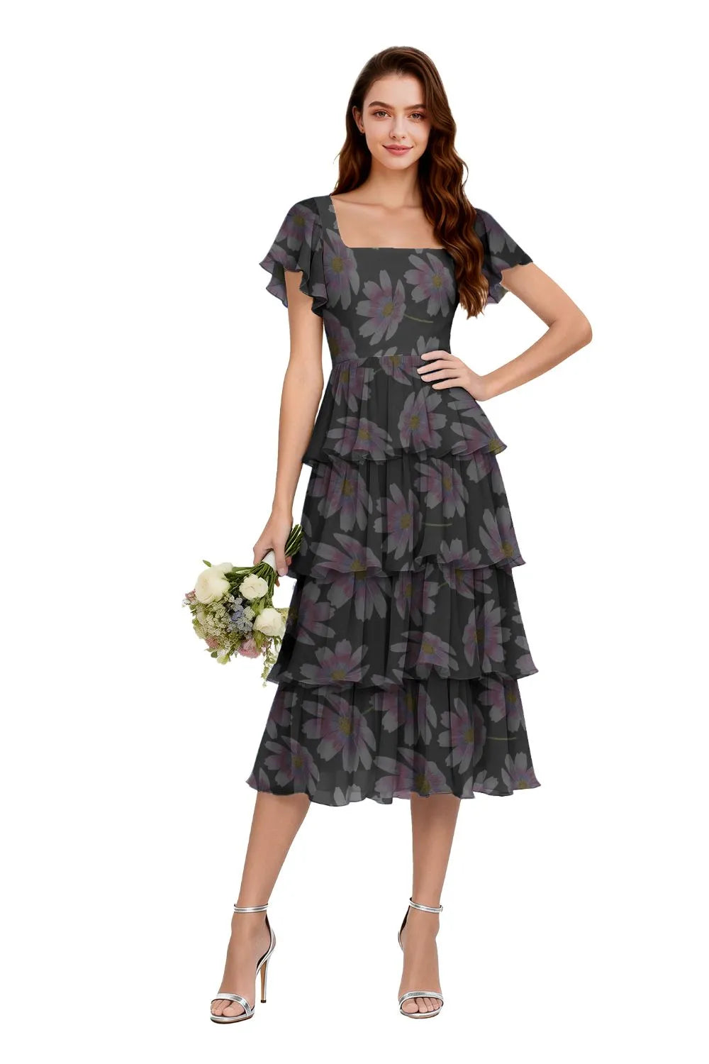 Floral Square Neck Ruffle Sleeve Dress