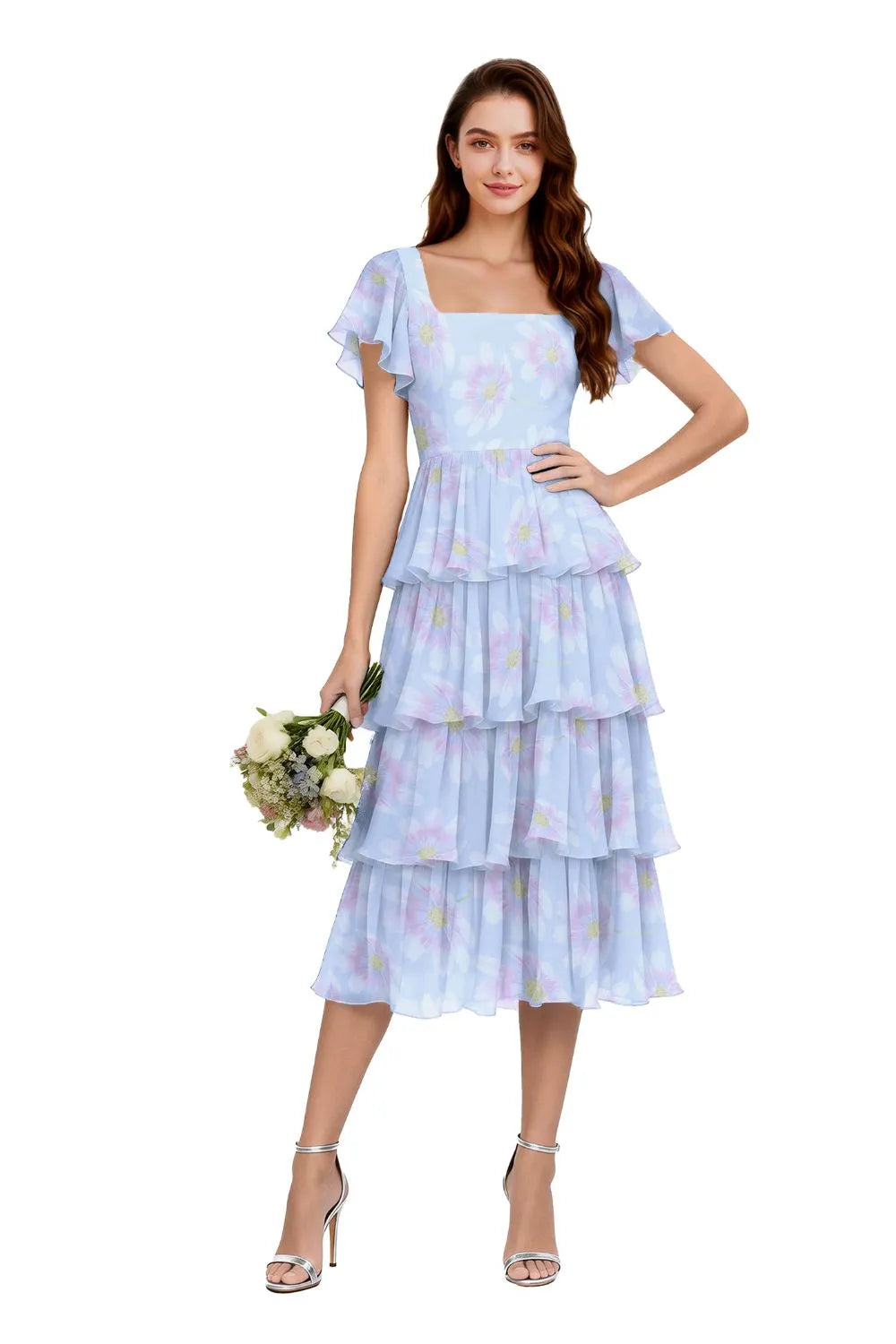 Floral Square Neck Ruffle Sleeve Dress