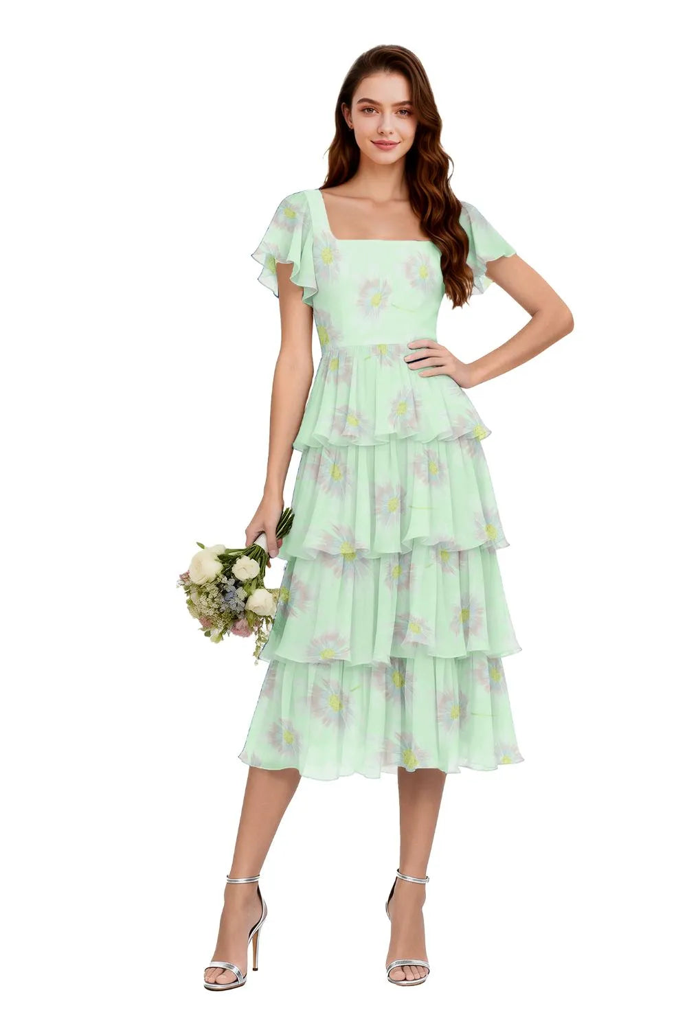 Floral Square Neck Ruffle Sleeve Dress