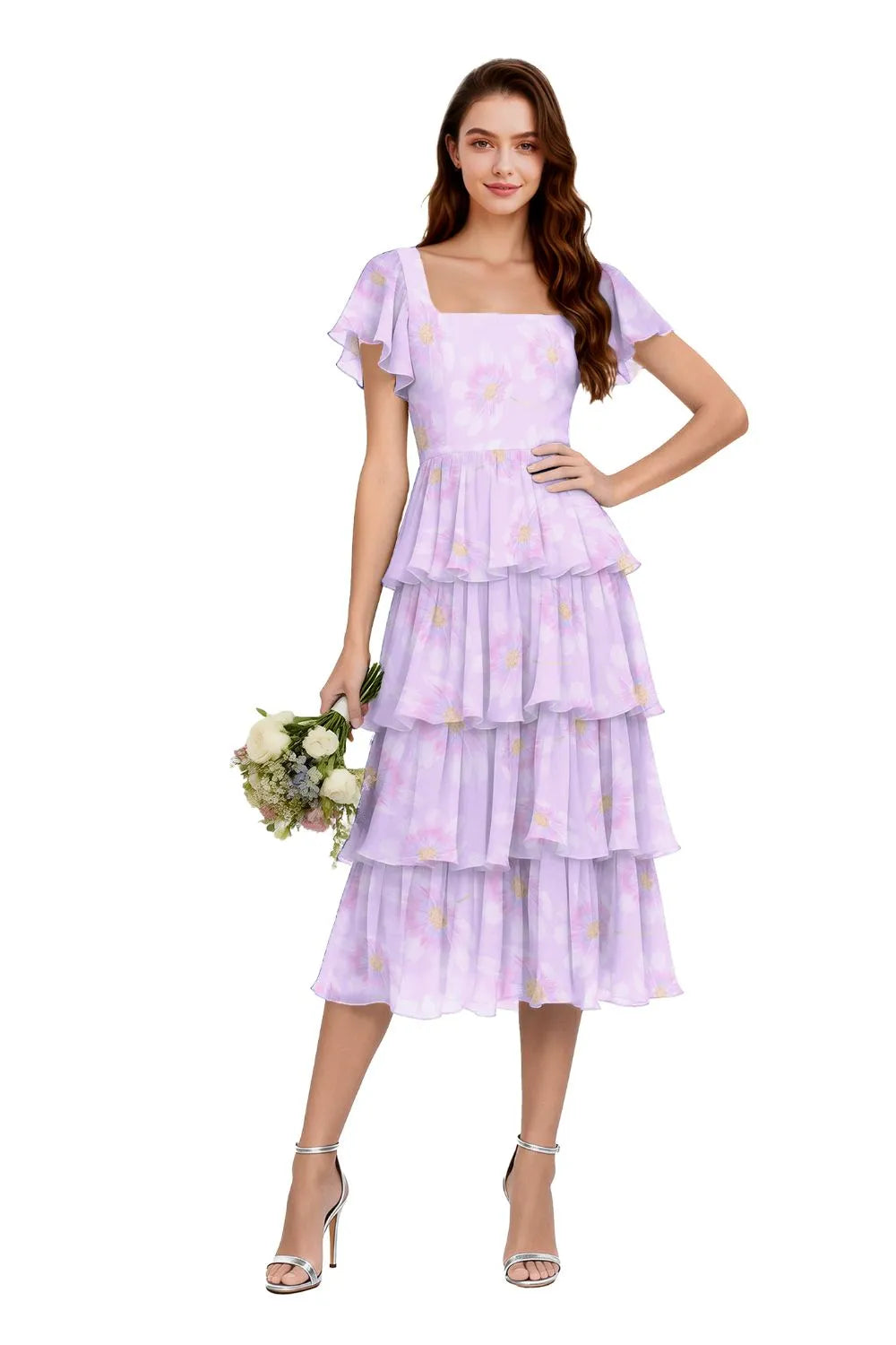 Floral Square Neck Ruffle Sleeve Dress