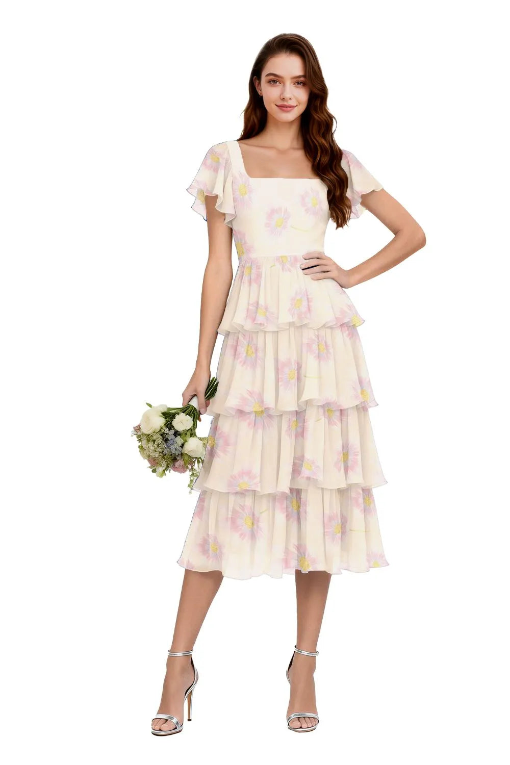 Floral Square Neck Ruffle Sleeve Dress