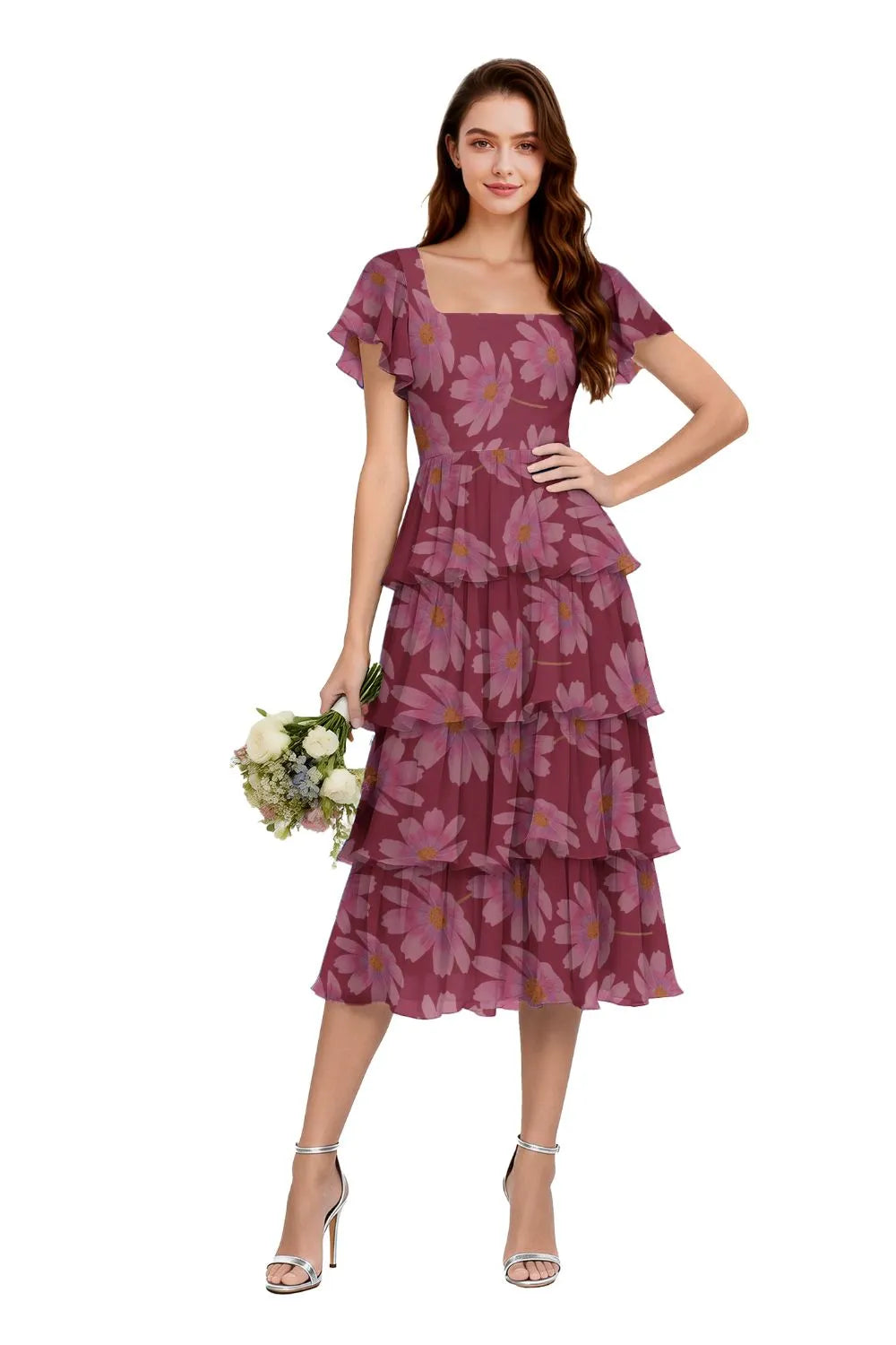 Floral Square Neck Ruffle Sleeve Dress