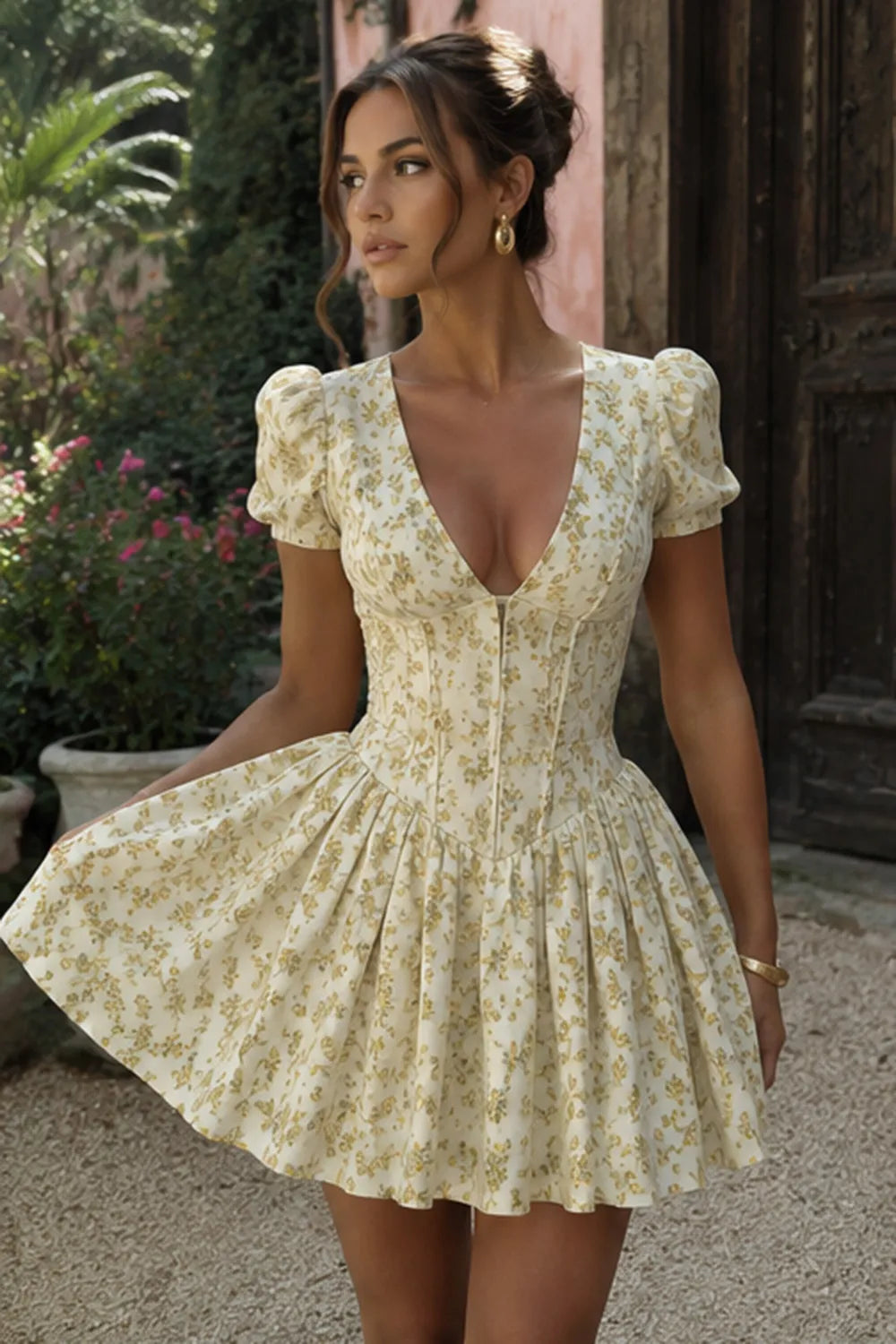 Romantic Garden Puff Sleeve Corset Mini Dress (SALE)