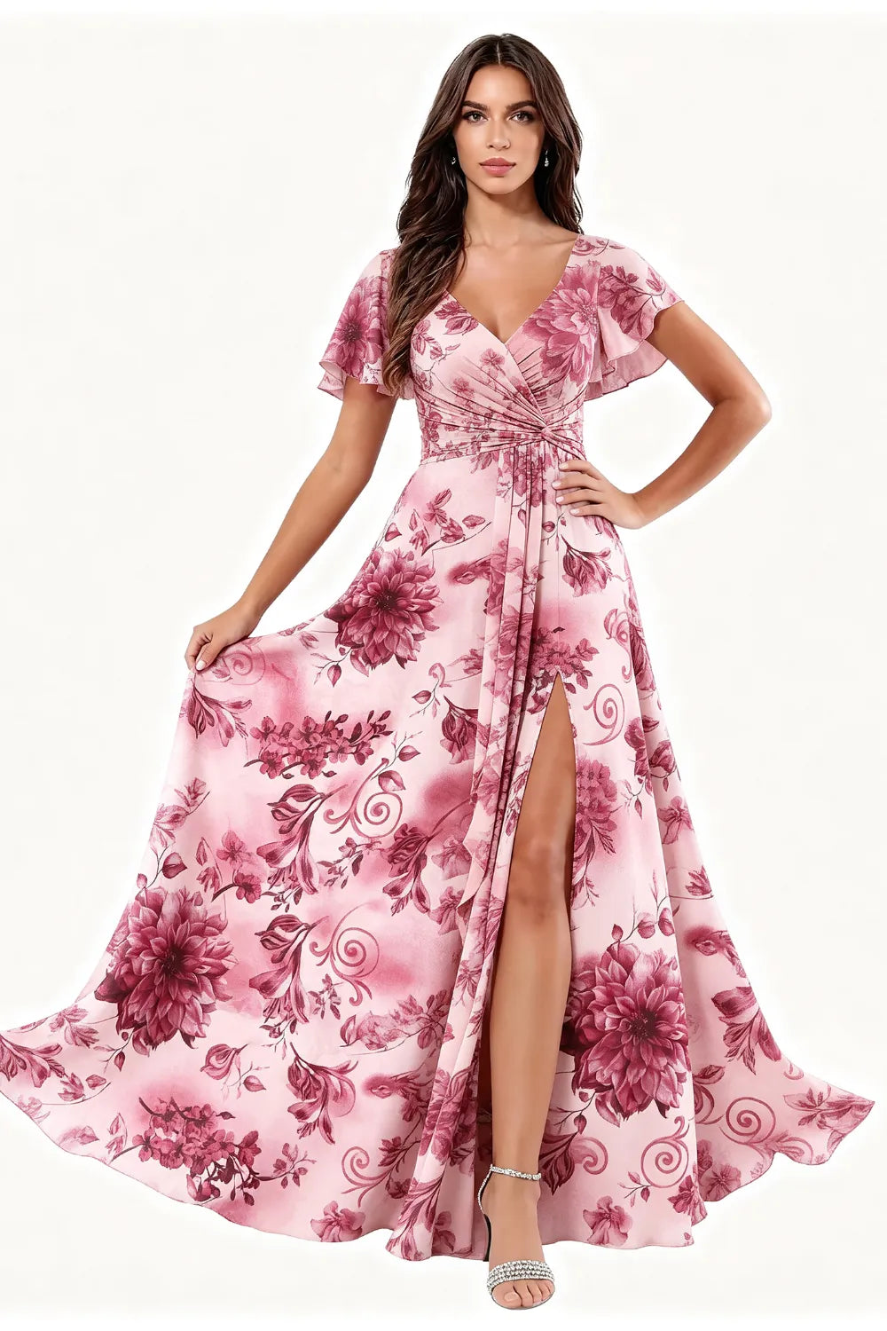 Floral V-Neck Chiffon Maxi Dress