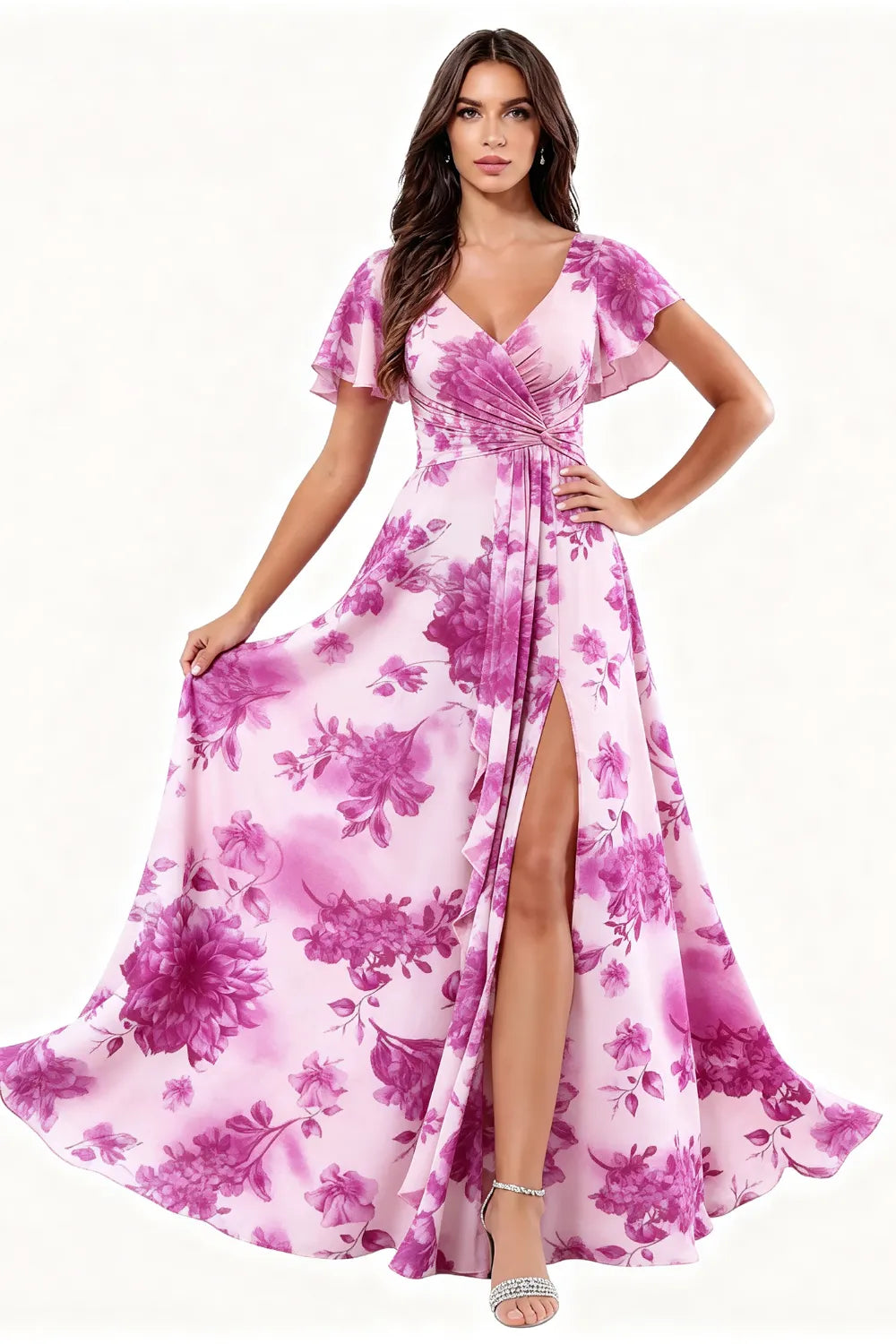 Floral V-Neck Chiffon Maxi Dress