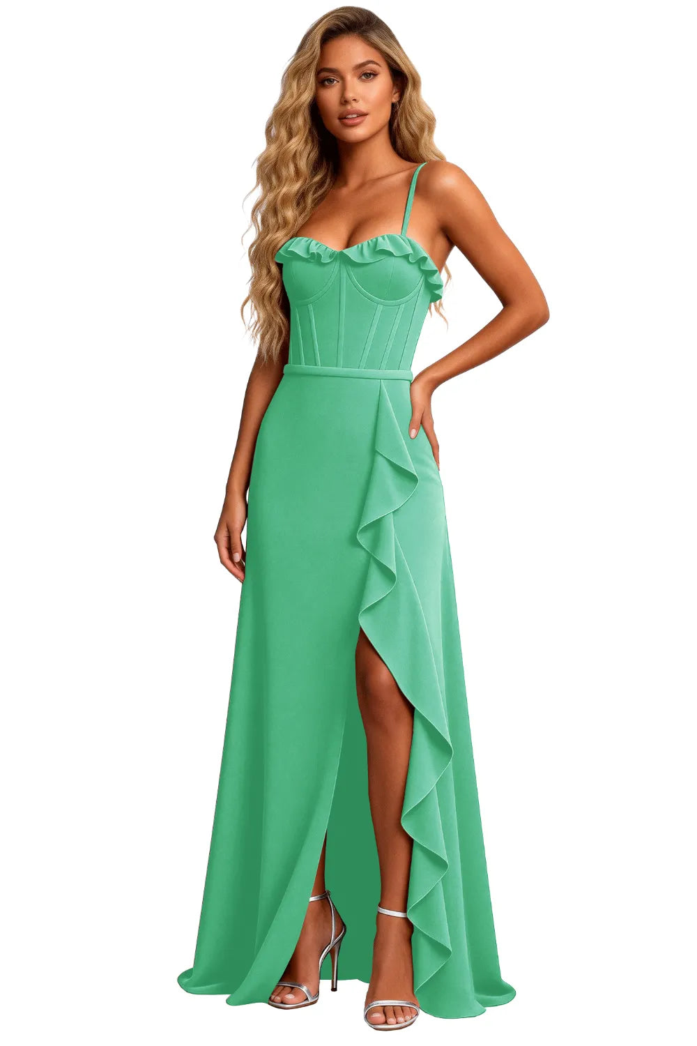 Elegant Corset Ruffle Slit Formal Maxi Dress