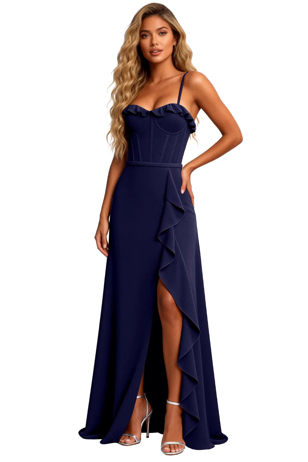 Elegant Corset Ruffle Slit Formal Maxi Dress