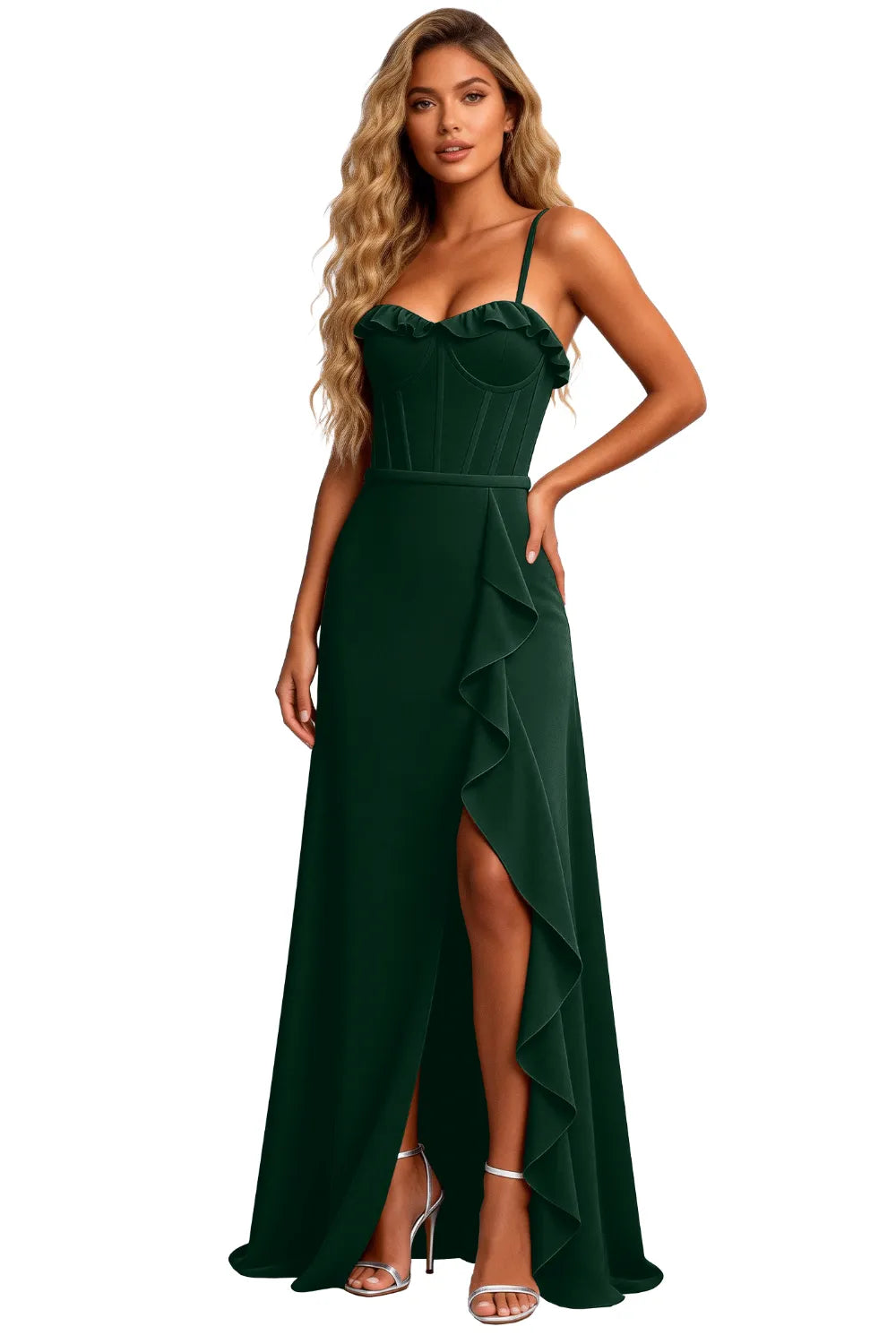 Elegant Corset Ruffle Slit Formal Maxi Dress