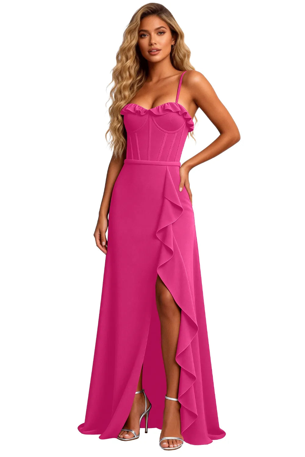 Elegant Corset Ruffle Slit Formal Maxi Dress