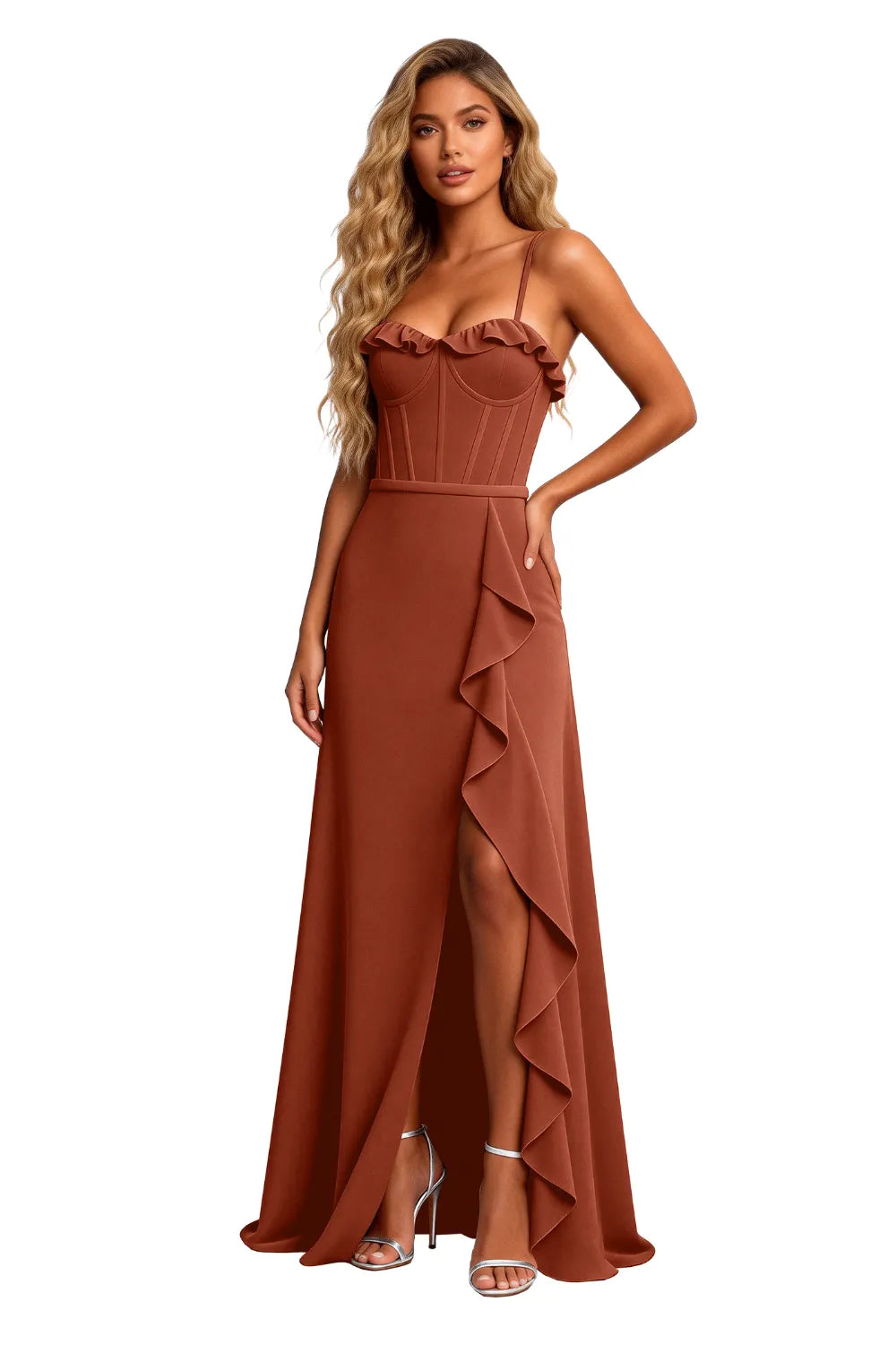 Elegant Corset Ruffle Slit Formal Maxi Dress