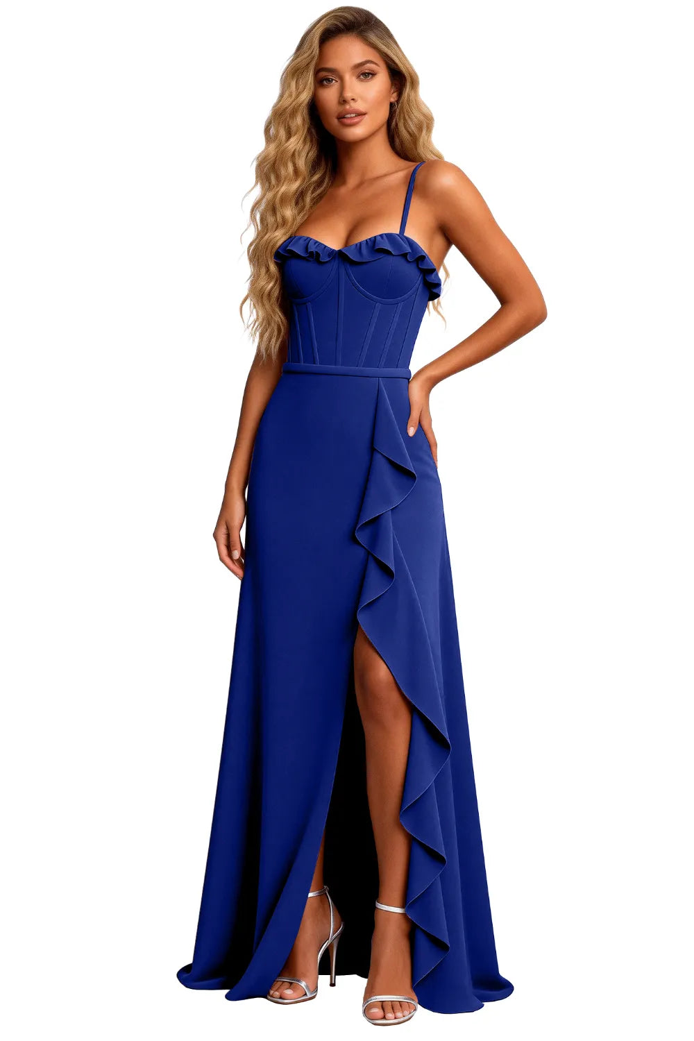 Elegant Corset Ruffle Slit Formal Maxi Dress