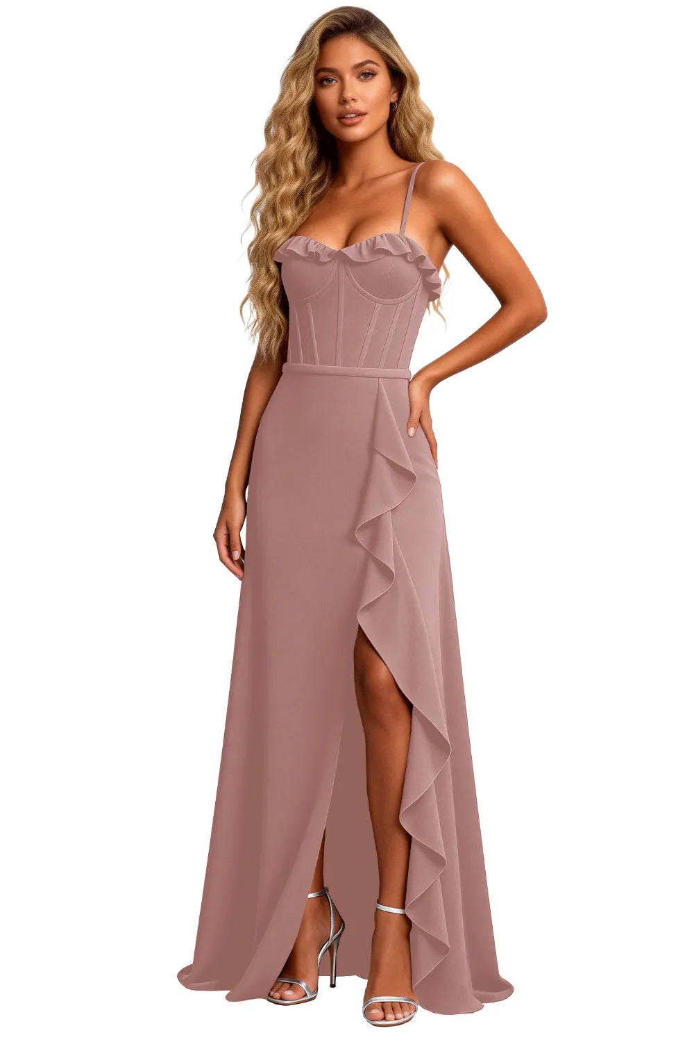 Elegant Corset Ruffle Slit Formal Maxi Dress