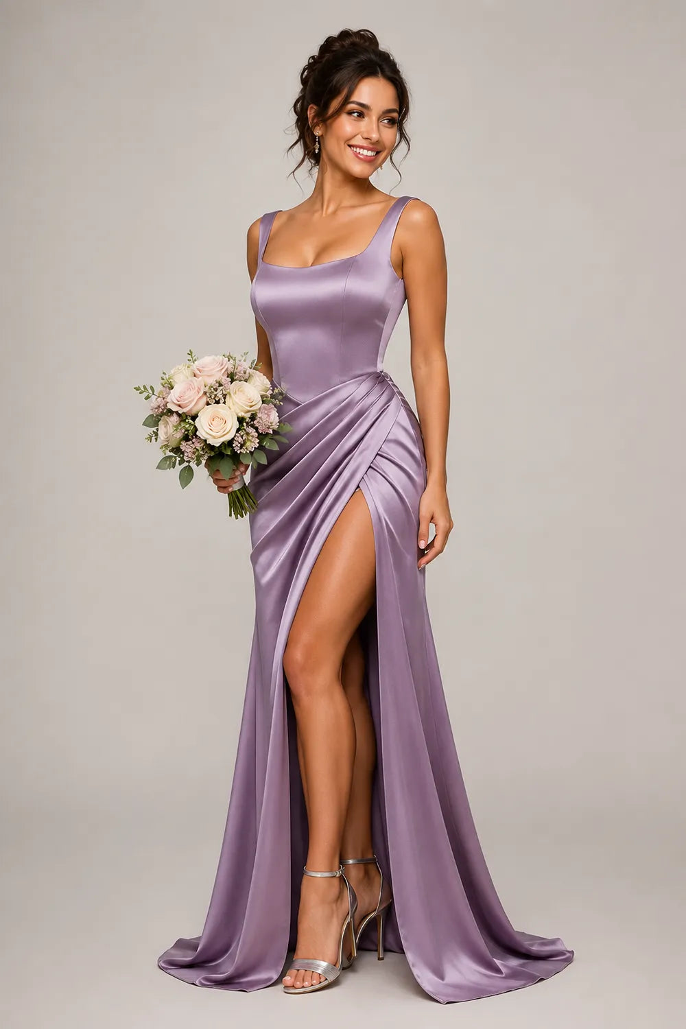 Elegant Square Neck High Slit Bridesmaid Gown