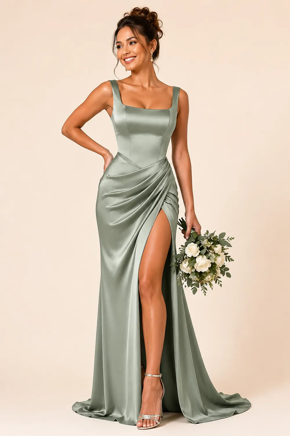 Elegant Square Neck High Slit Bridesmaid Gown