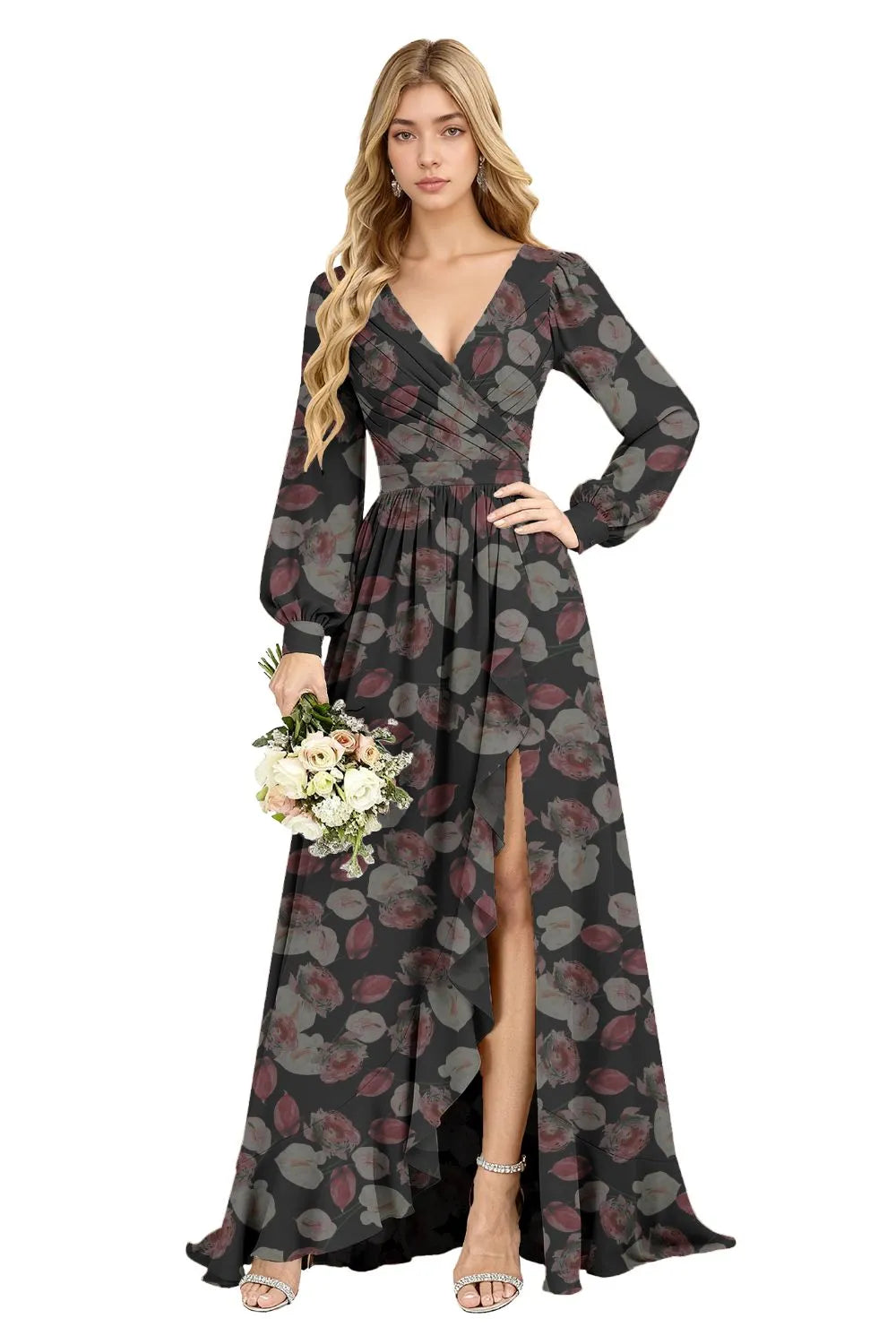 Petal Cascade Ruffle-Slit Maxi Dress