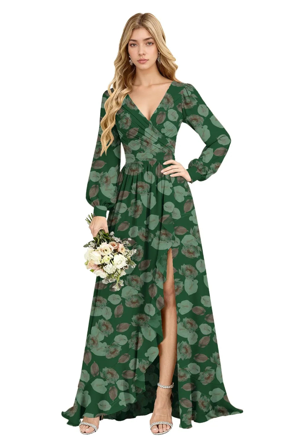 Petal Cascade Ruffle-Slit Maxi Dress