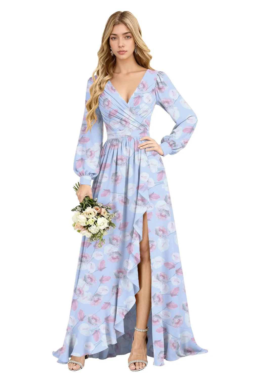 Petal Cascade Ruffle-Slit Maxi Dress