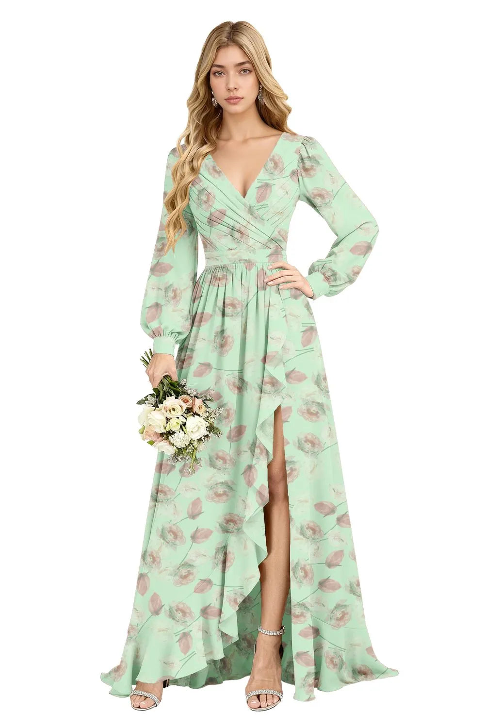 Petal Cascade Ruffle-Slit Maxi Dress