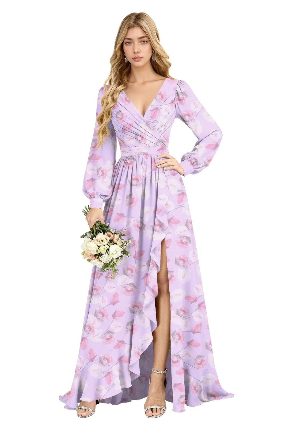 Petal Cascade Ruffle-Slit Maxi Dress