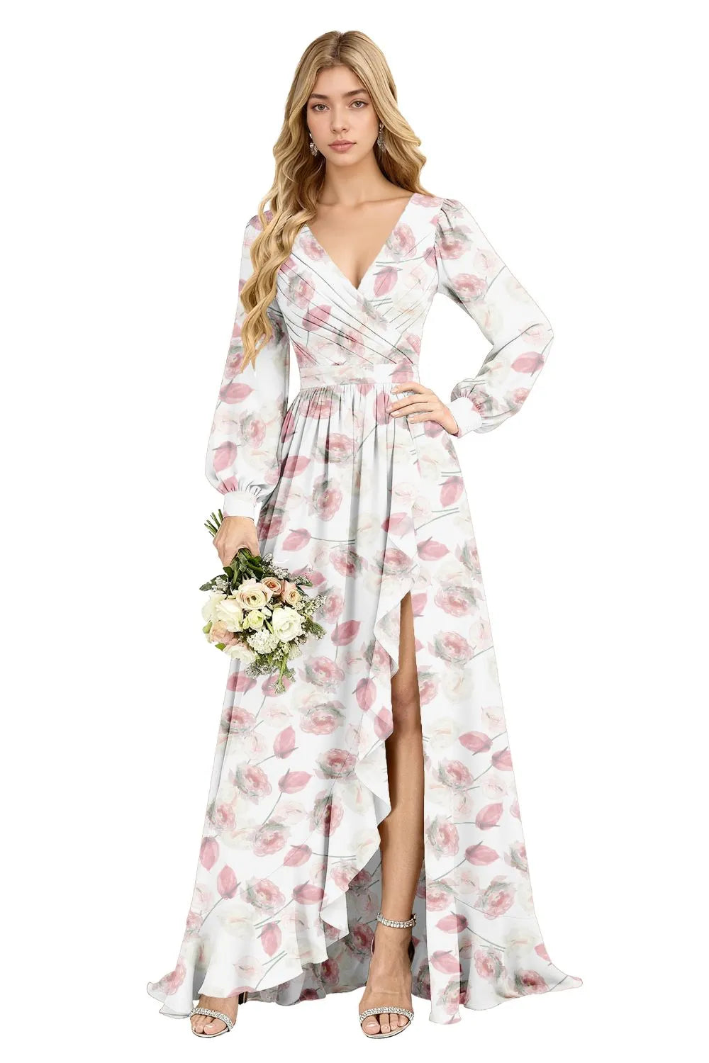 Petal Cascade Ruffle-Slit Maxi Dress