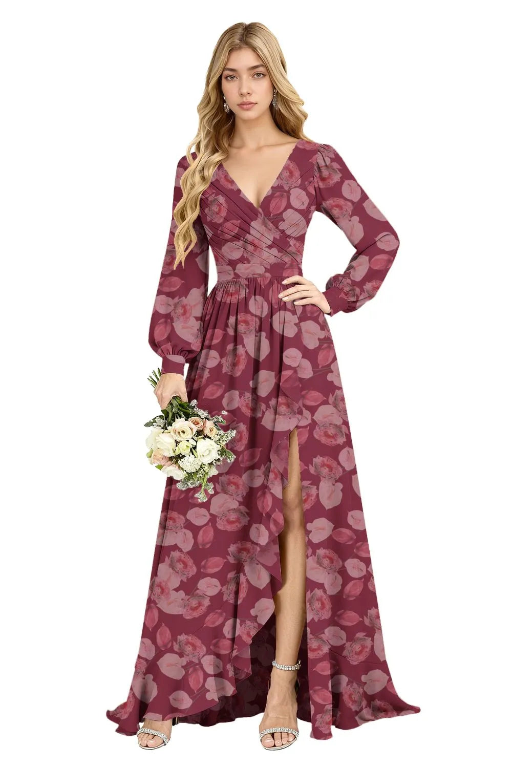 Petal Cascade Ruffle-Slit Maxi Dress