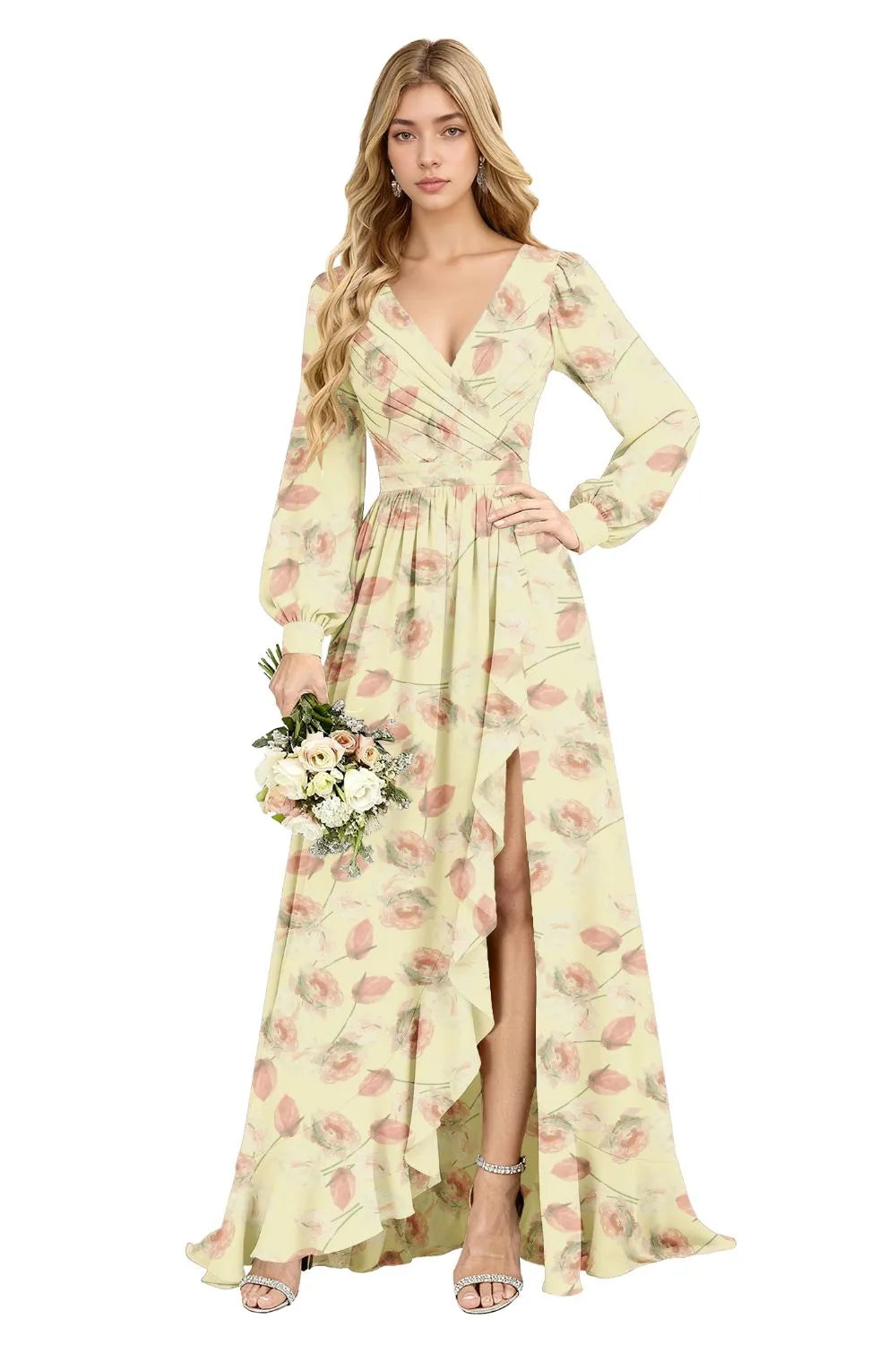 Petal Cascade Ruffle-Slit Maxi Dress