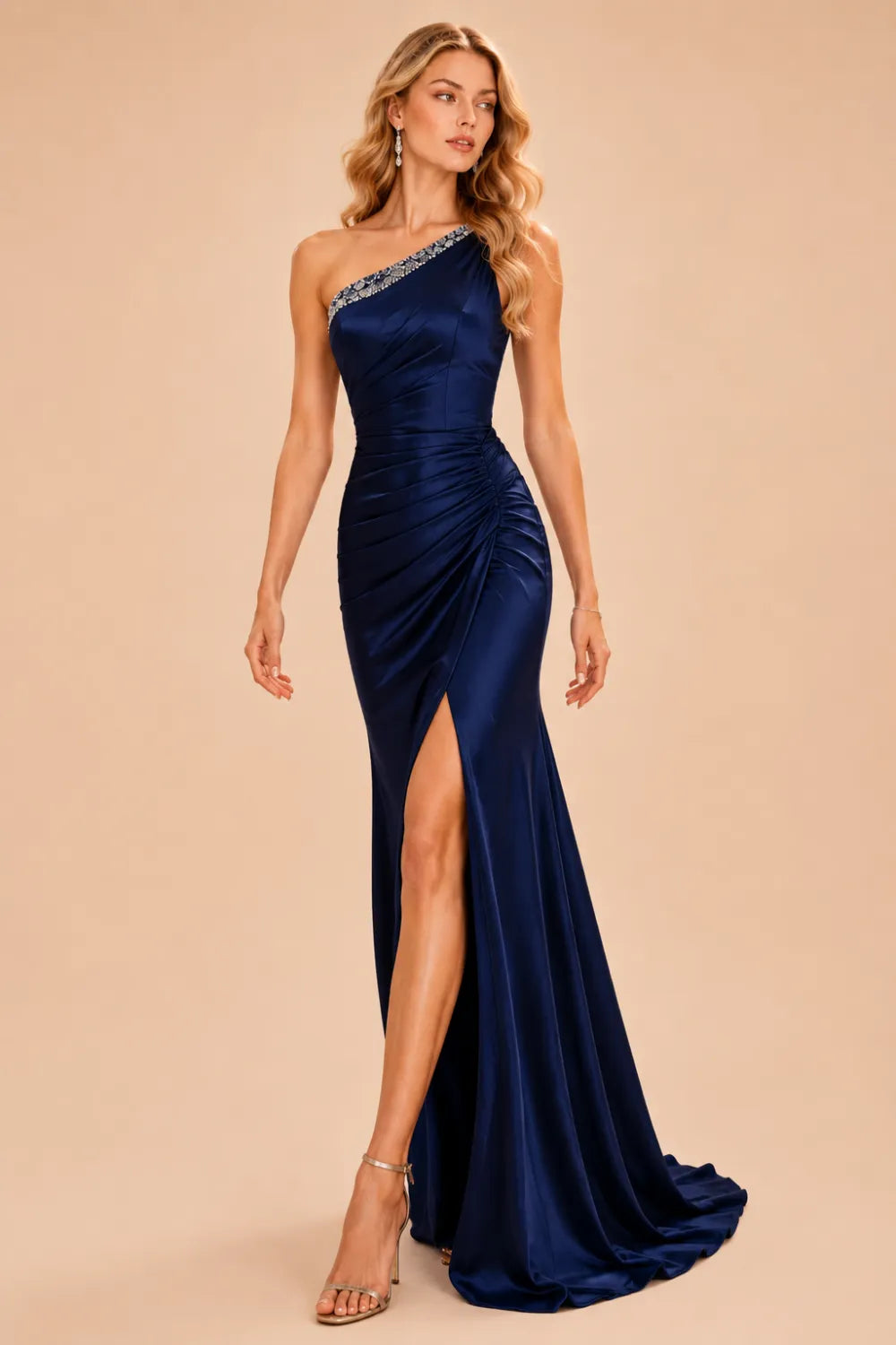 One Shoulder Satin High Slit Gown