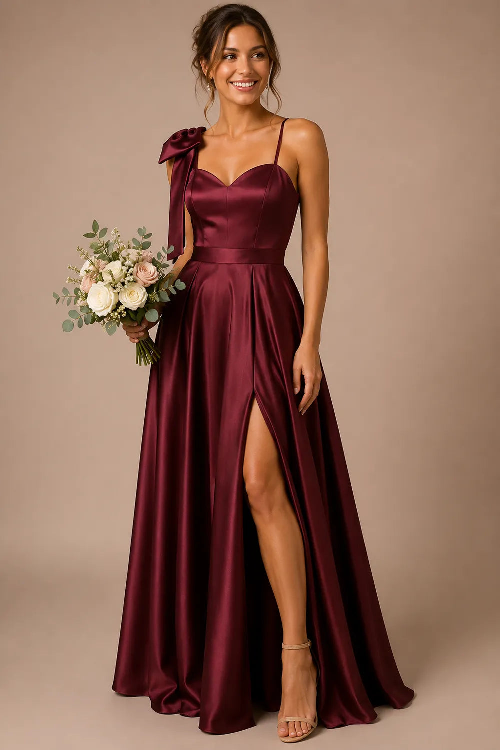Elegant Bow Shoulder Satin Bridesmaid Gown