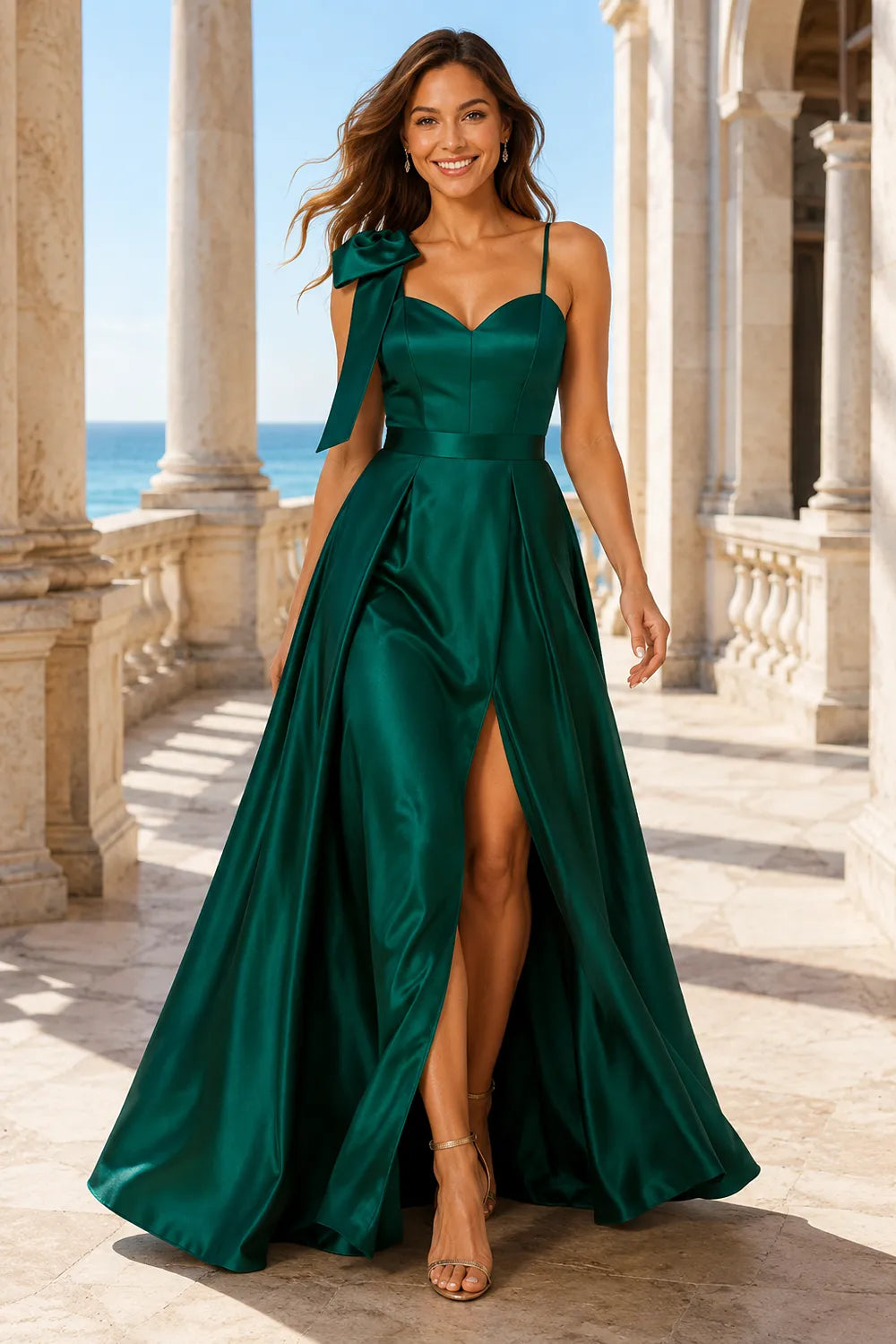 Elegant Bow Shoulder Satin Bridesmaid Gown