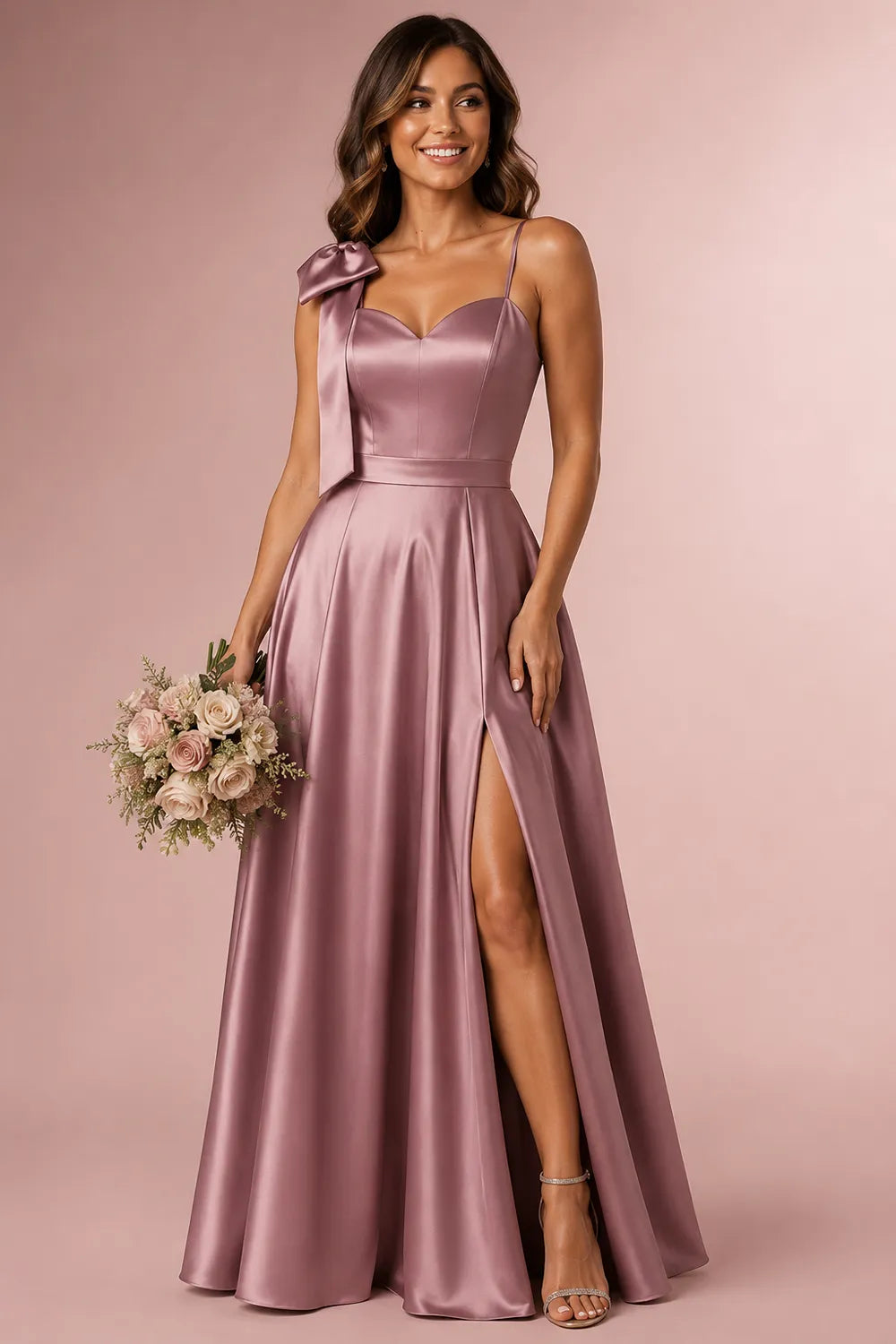 Elegant Bow Shoulder Satin Bridesmaid Gown