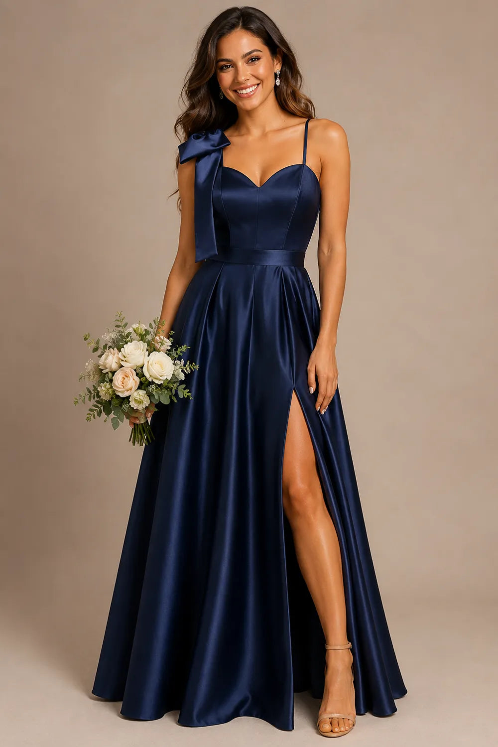 Elegant Bow Shoulder Satin Bridesmaid Gown