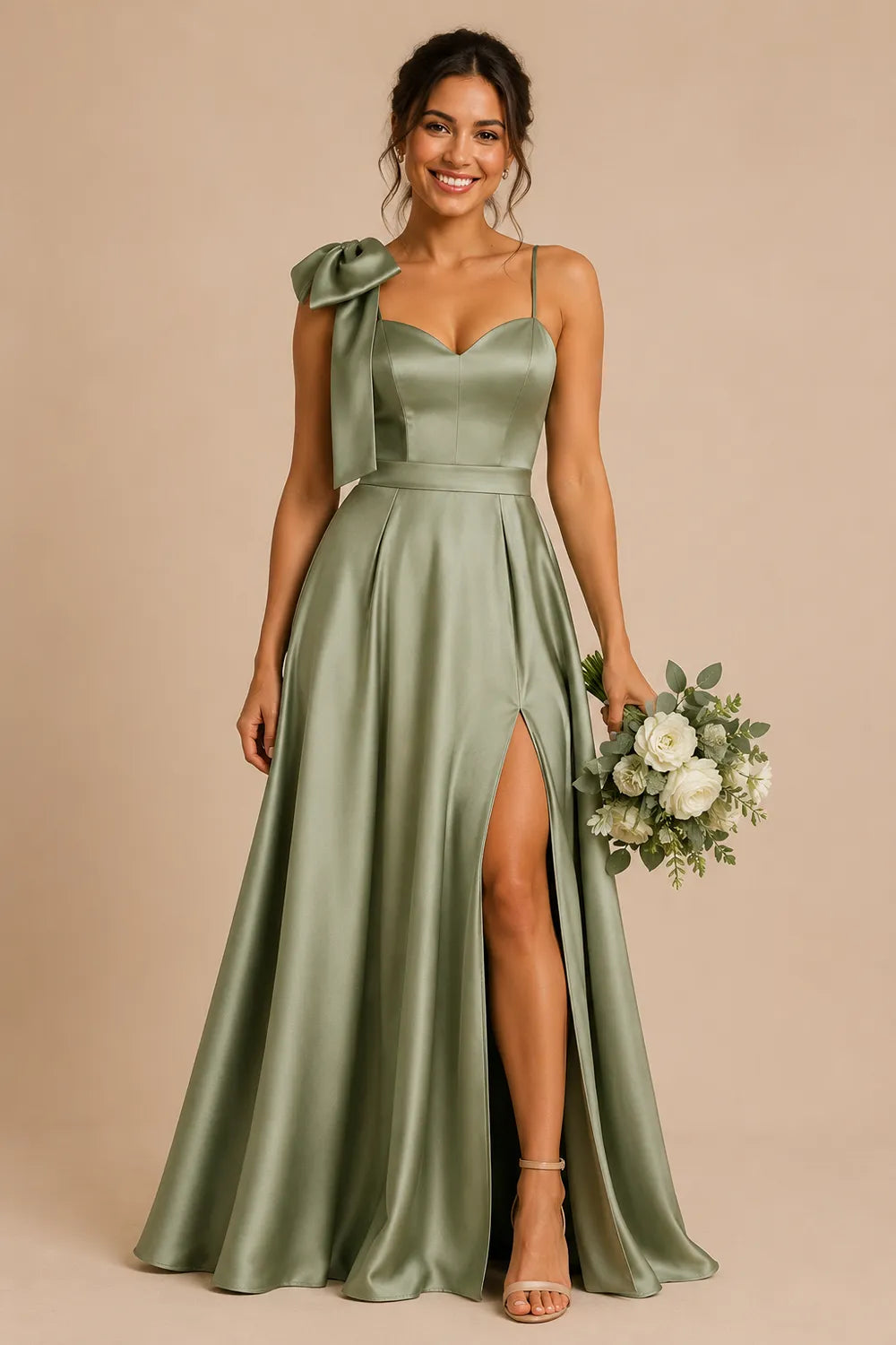 Elegant Bow Shoulder Satin Bridesmaid Gown