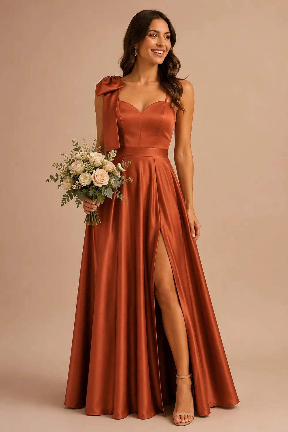 Elegant Bow Shoulder Satin Bridesmaid Gown