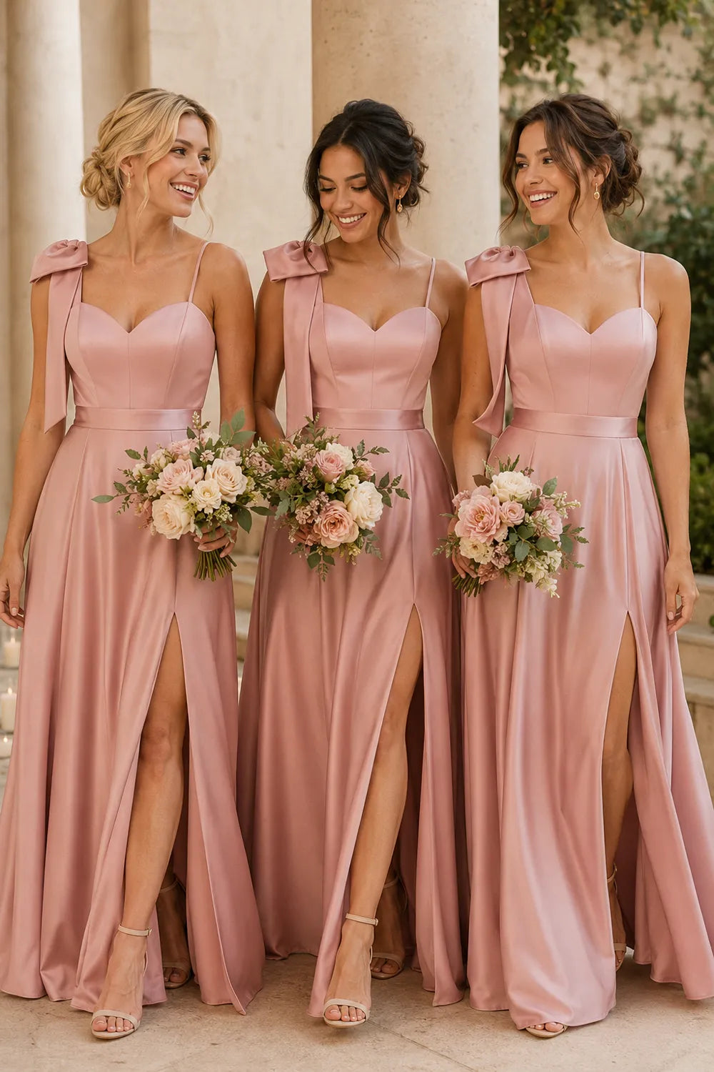 Elegant Bow Shoulder Satin Bridesmaid Gown