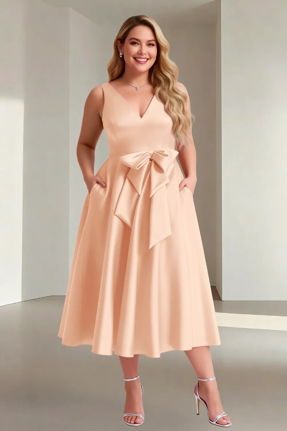 Chic Sleeveless Bow Waist Fit-and-Flare Midi Dress