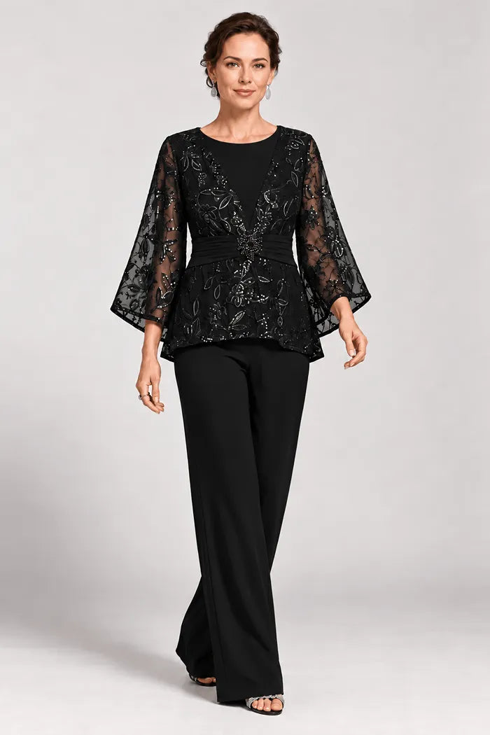 Sheer Bell Sleeve Embellished Evening Pant Set