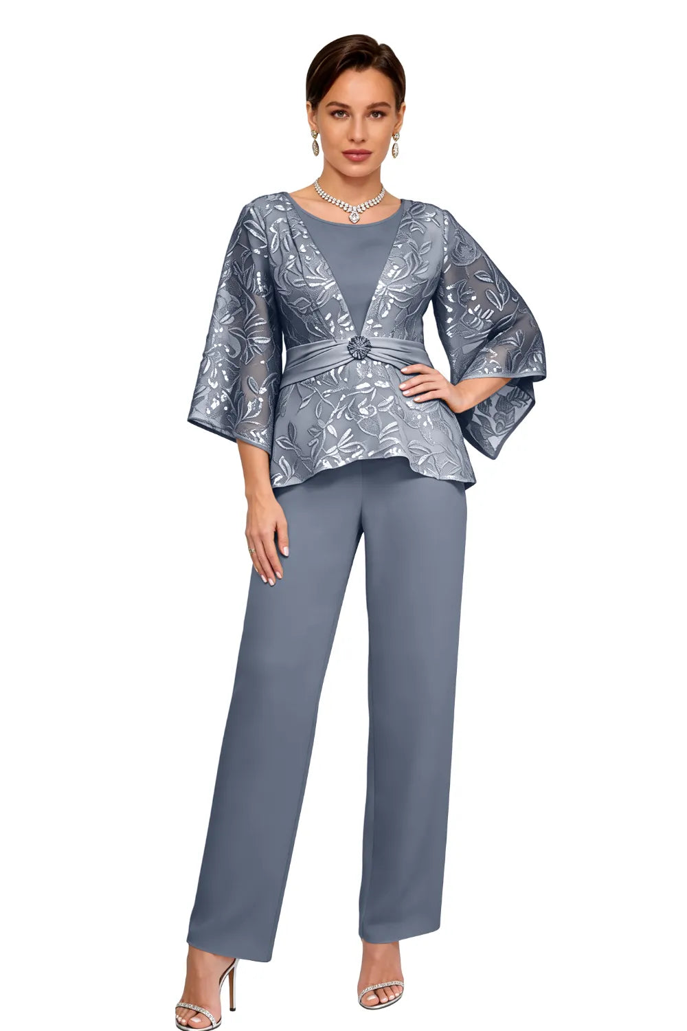 Sheer Bell Sleeve Embellished Evening Pant Set