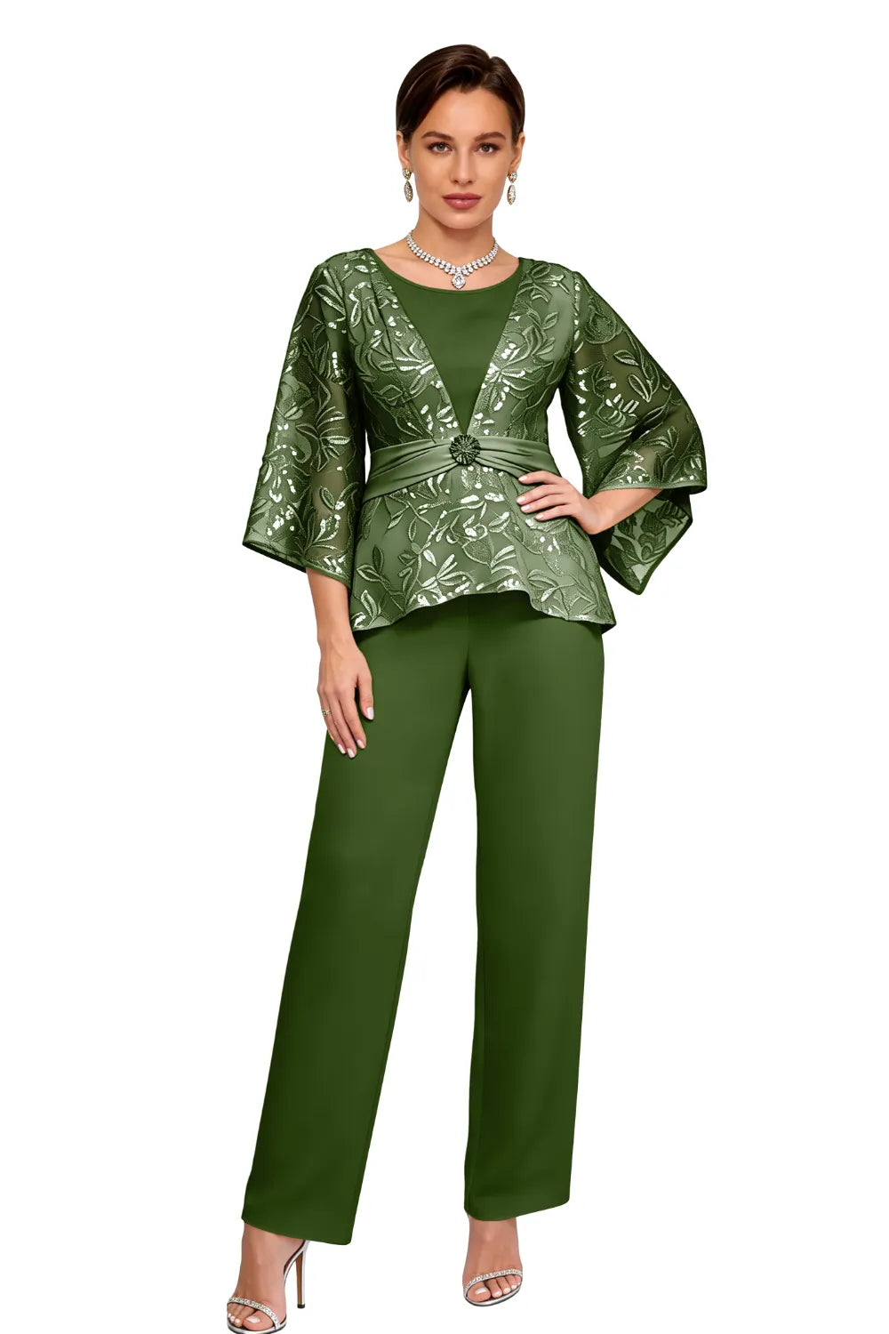 Sheer Bell Sleeve Embellished Evening Pant Set