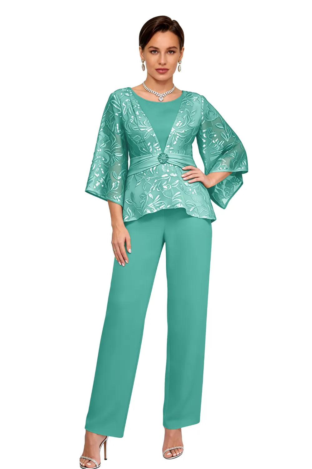 Sheer Bell Sleeve Embellished Evening Pant Set