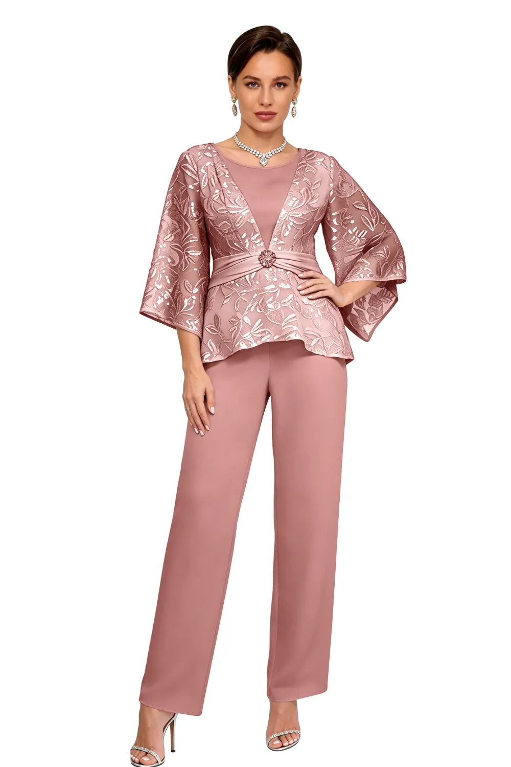 Sheer Bell Sleeve Embellished Evening Pant Set