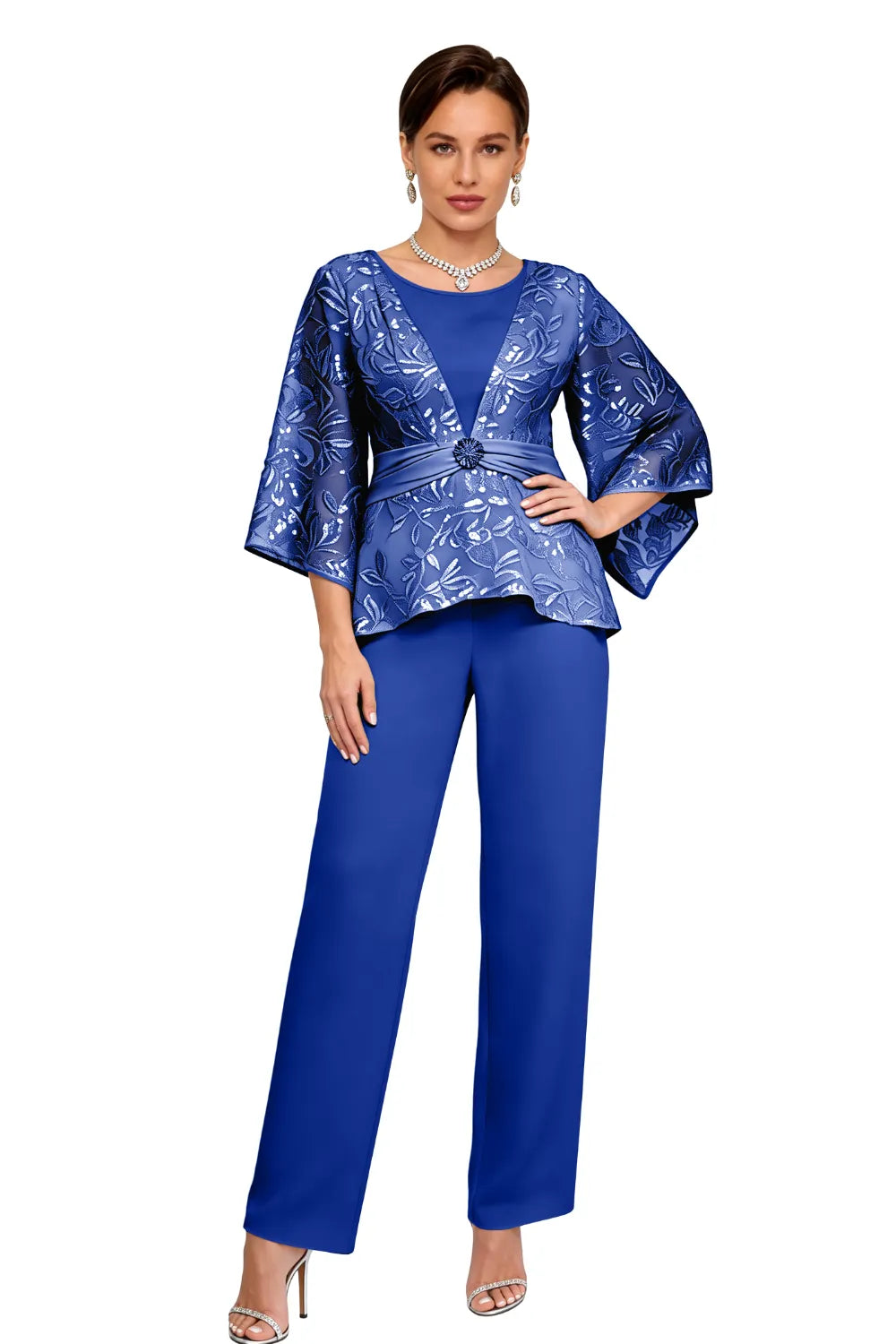 Sheer Bell Sleeve Embellished Evening Pant Set