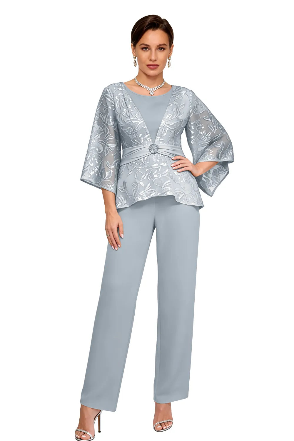 Sheer Bell Sleeve Embellished Evening Pant Set