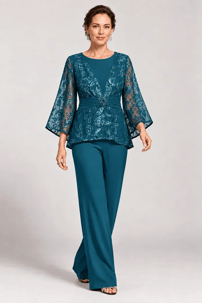 Sheer Bell Sleeve Embellished Evening Pant Set