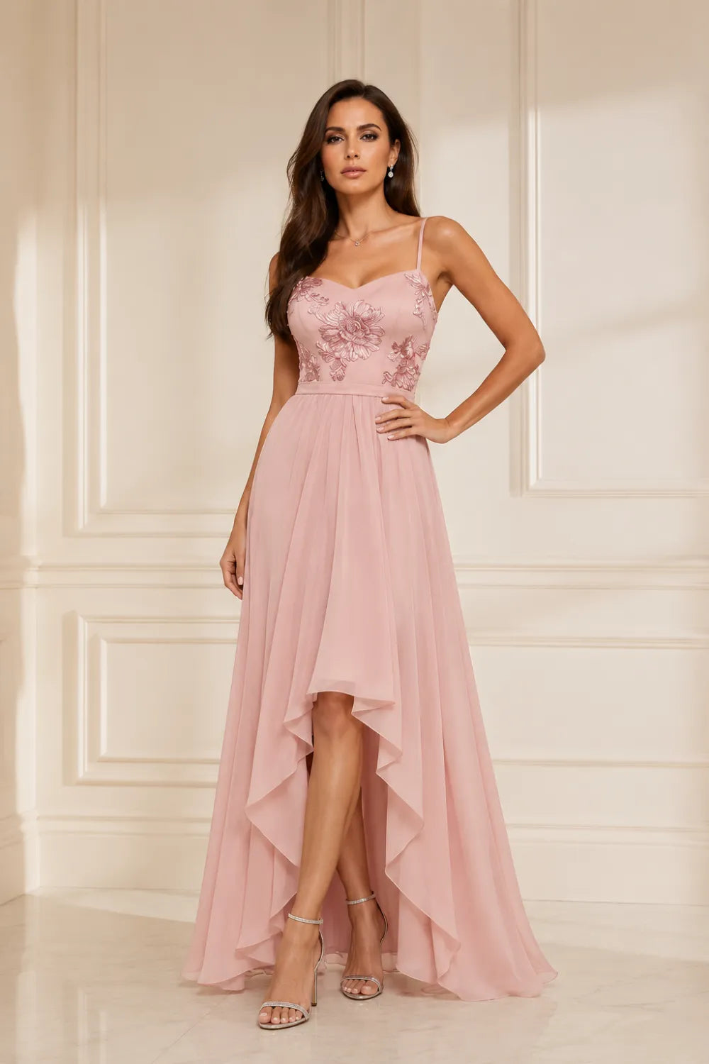 Floral Embroidered High Low Formal Dress