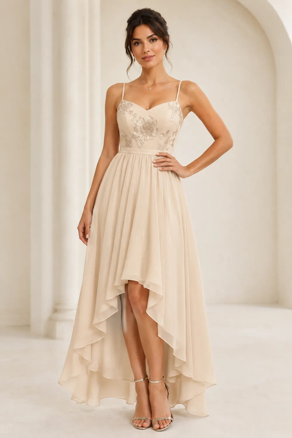 Floral Embroidered High Low Formal Dress