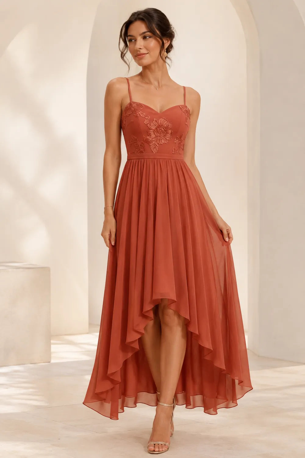 Floral Embroidered High Low Formal Dress